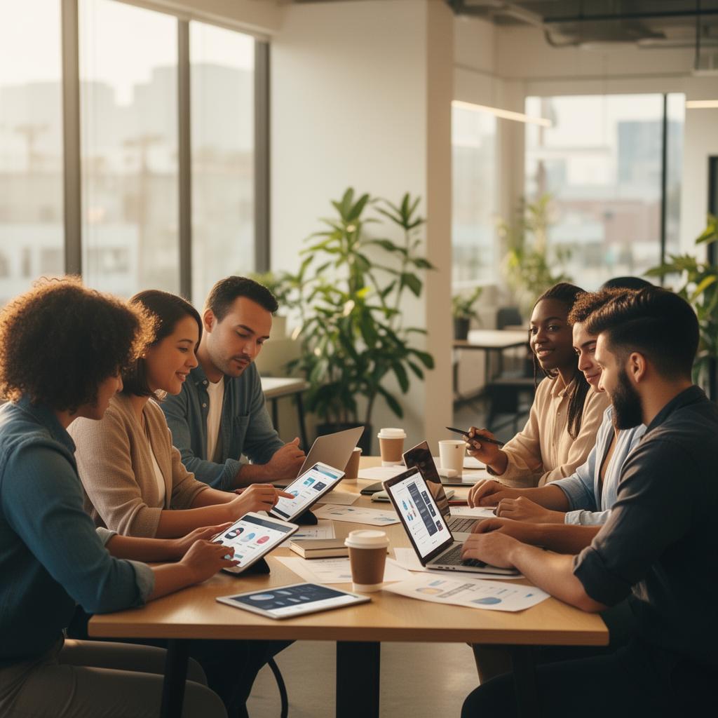 Small business owner meeting with mobile app developer in a modern Los Angeles co-working space