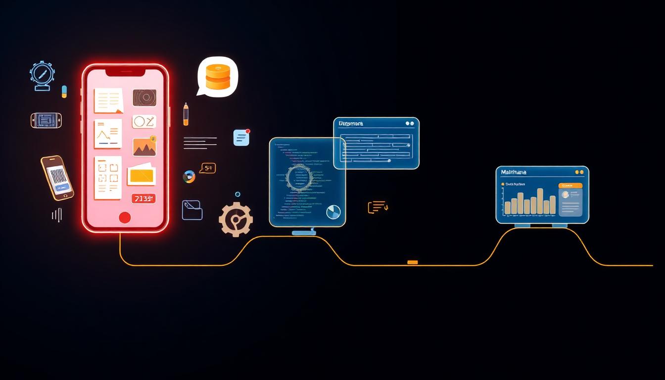 Editorial illustration of mobile app lifecycle showing design, development, and maintenance phases