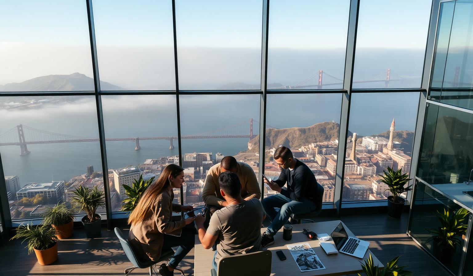 San Francisco Bay Area tech campus with mobile app development and Golden Gate Bridge
