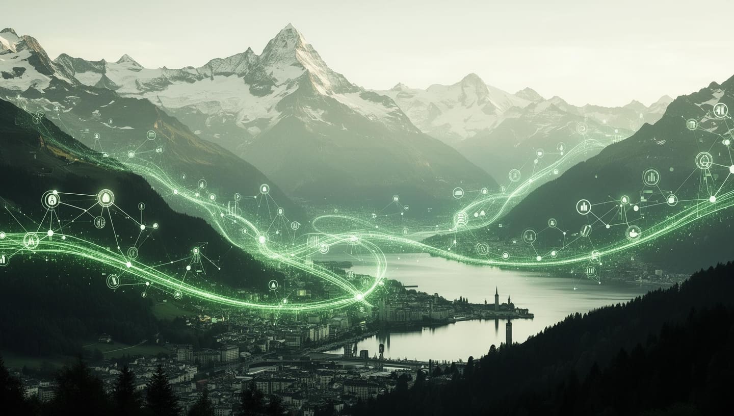 AI agent development Geneva with Swiss Alps and digital nodes