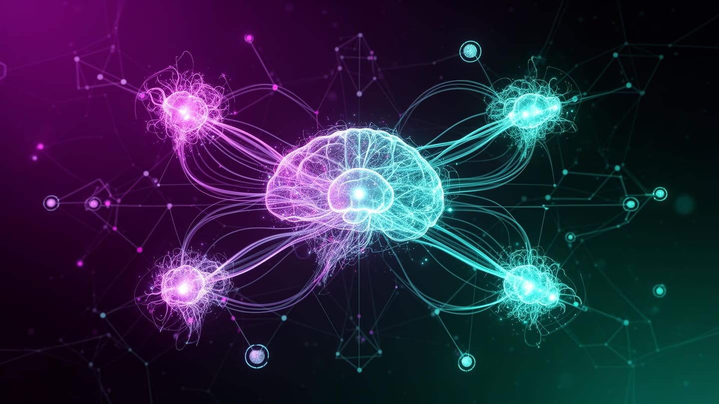 AI agent network visualization showing autonomous intelligent agents interconnected in a neural network