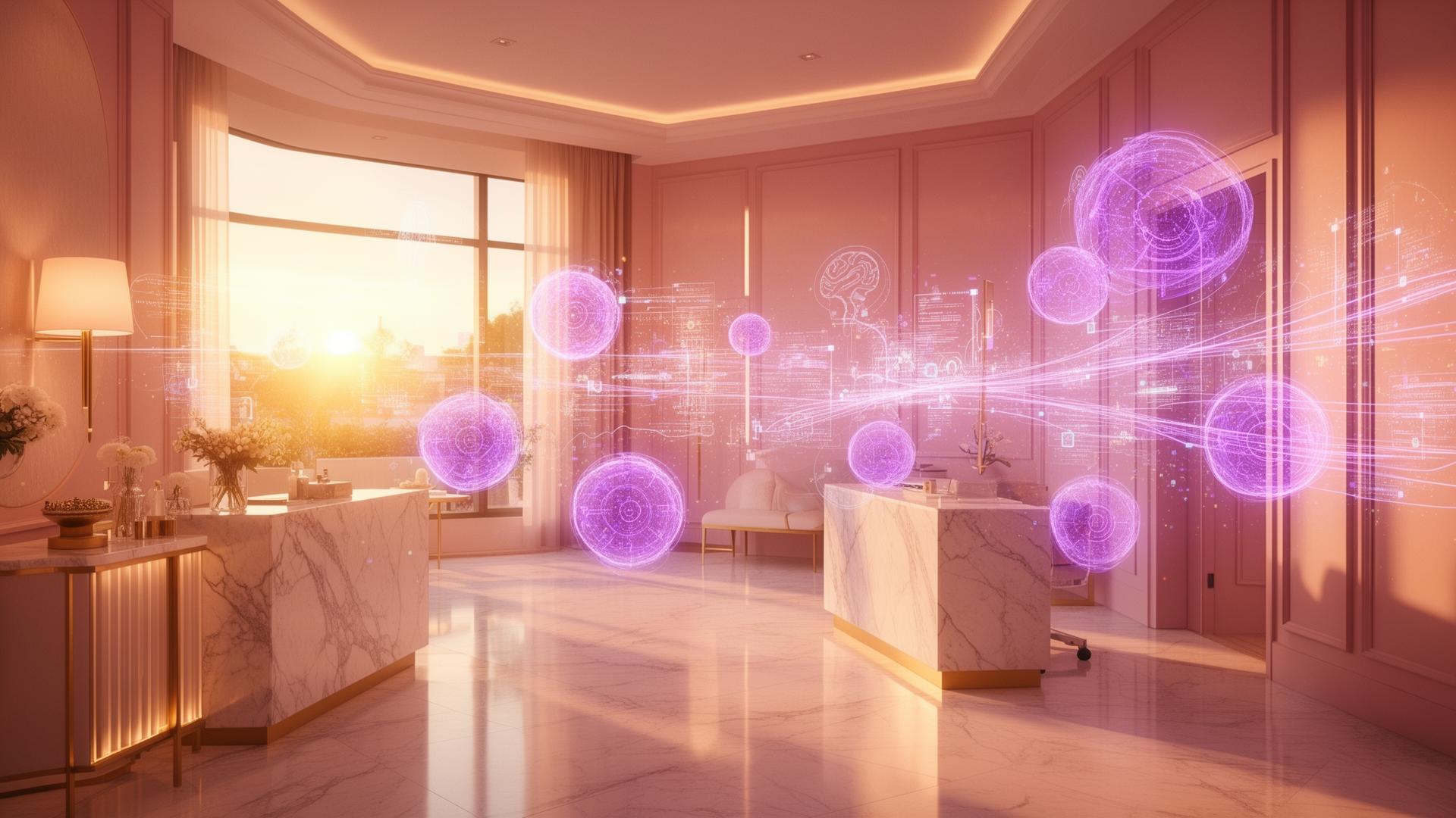 Luxury Beverly Hills medical spa interior with holographic AI data streams symbolising lead intelligence