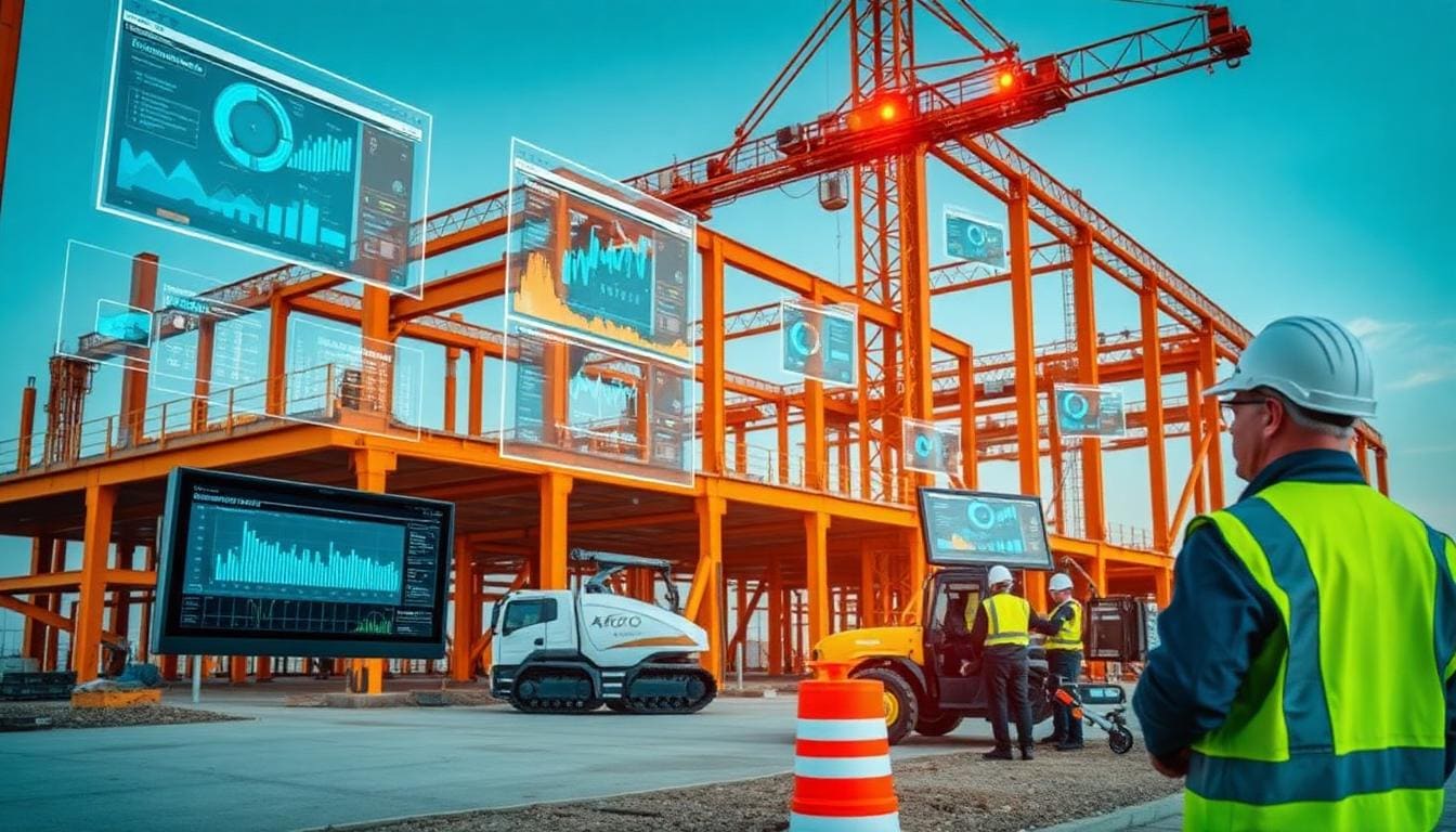 موقع بناء مع أنظمة مراقبة مدعومة بالذكاء الاصطناعي ولوحات معلومات رقمية