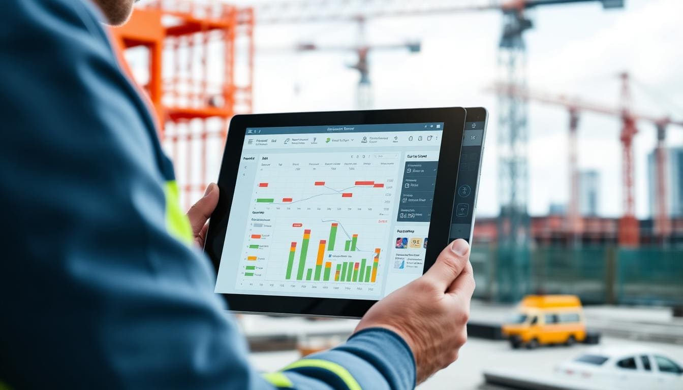 لوحة إدارة مشاريع البناء المدعومة بالذكاء الاصطناعي مع مراقبة الطائرات بدون طيار وتكامل BIM وتتبع الموارد في الوقت الفعلي
