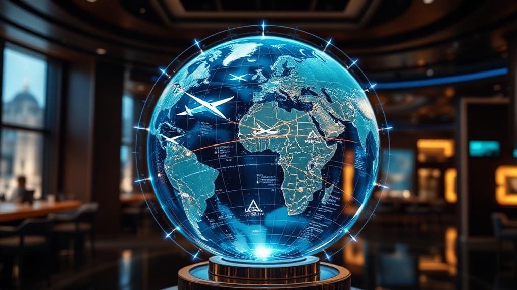 AI-powered travel booking platform with holographic globe showing flight routes, hotel recommendations, and personalized itinerary planning