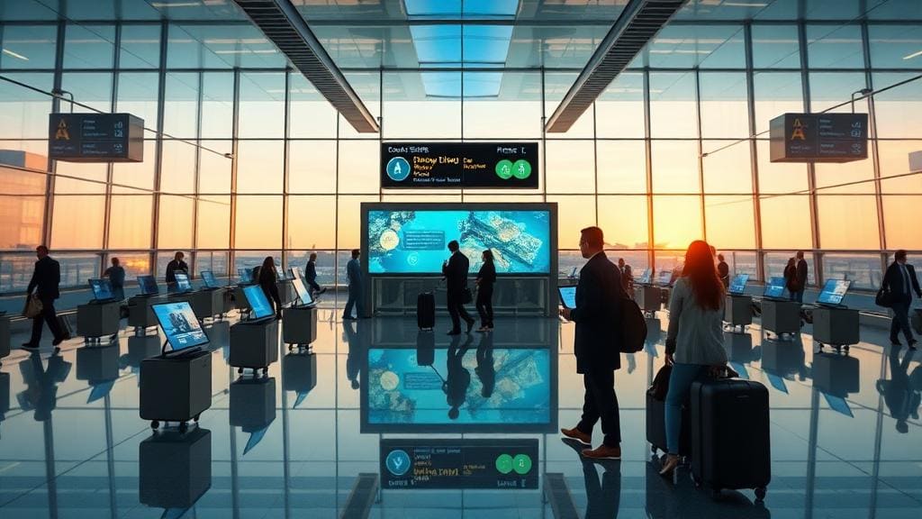 AI-powered travel operations center with smart airport terminals, real-time passenger flow analytics, and digital concierge interfaces