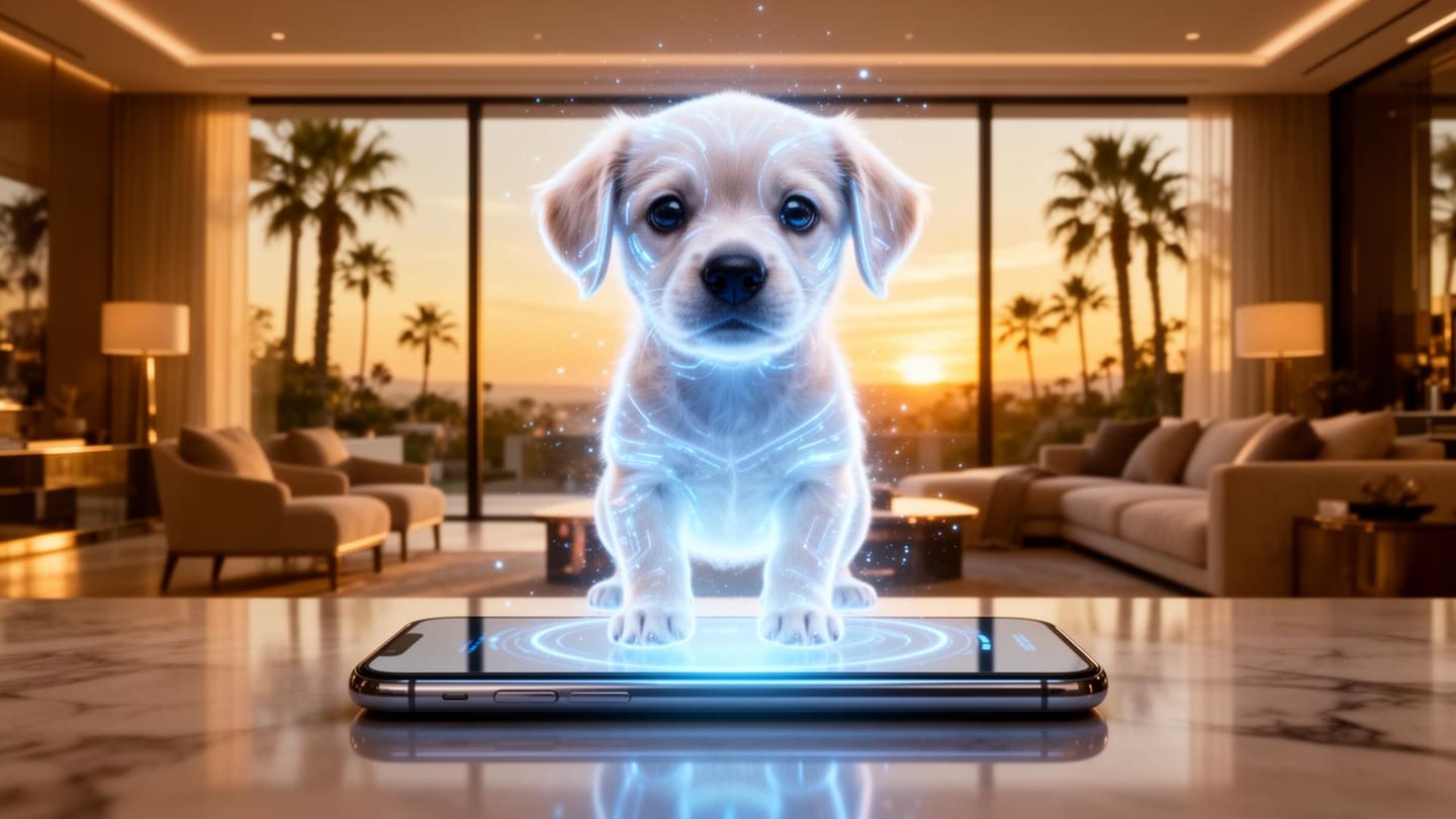 AI-powered virtual pet hologram floating above smartphone in Beverly Hills luxury setting