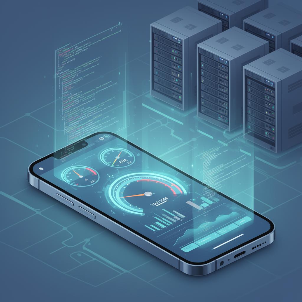 Editorial illustration of mobile app maintenance and performance optimization with monitoring dashboards