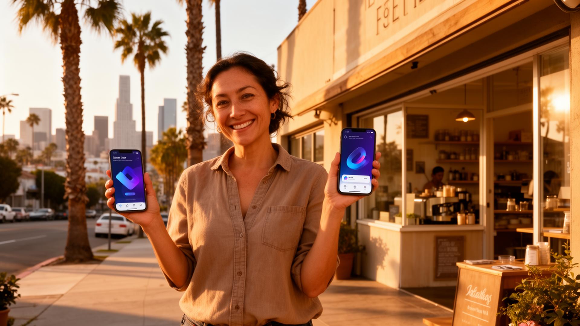 Small business owner in Los Angeles proudly showcasing their storefront with a modern mobile app displayed on a smartphone