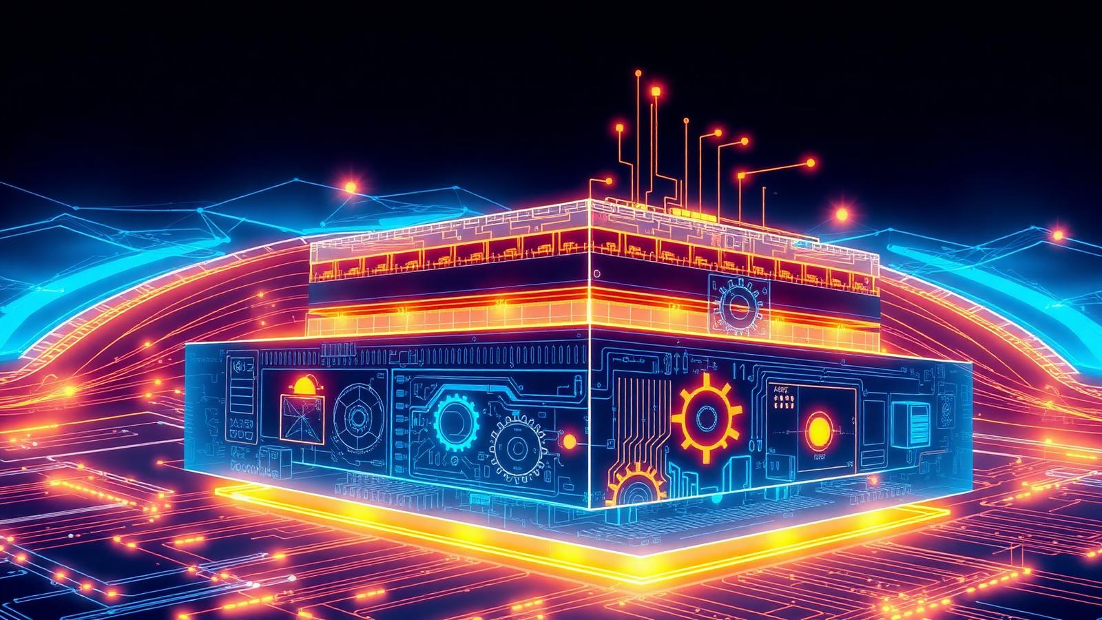 Editorial illustration of layered software architecture, modular blocks, circuit pathways, and engineering blueprints representing custom software development