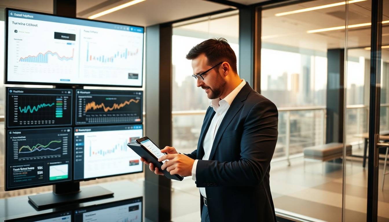 Dirigeant d'entreprise analysant les données d'une application mobile personnalisée dans un bureau moderne