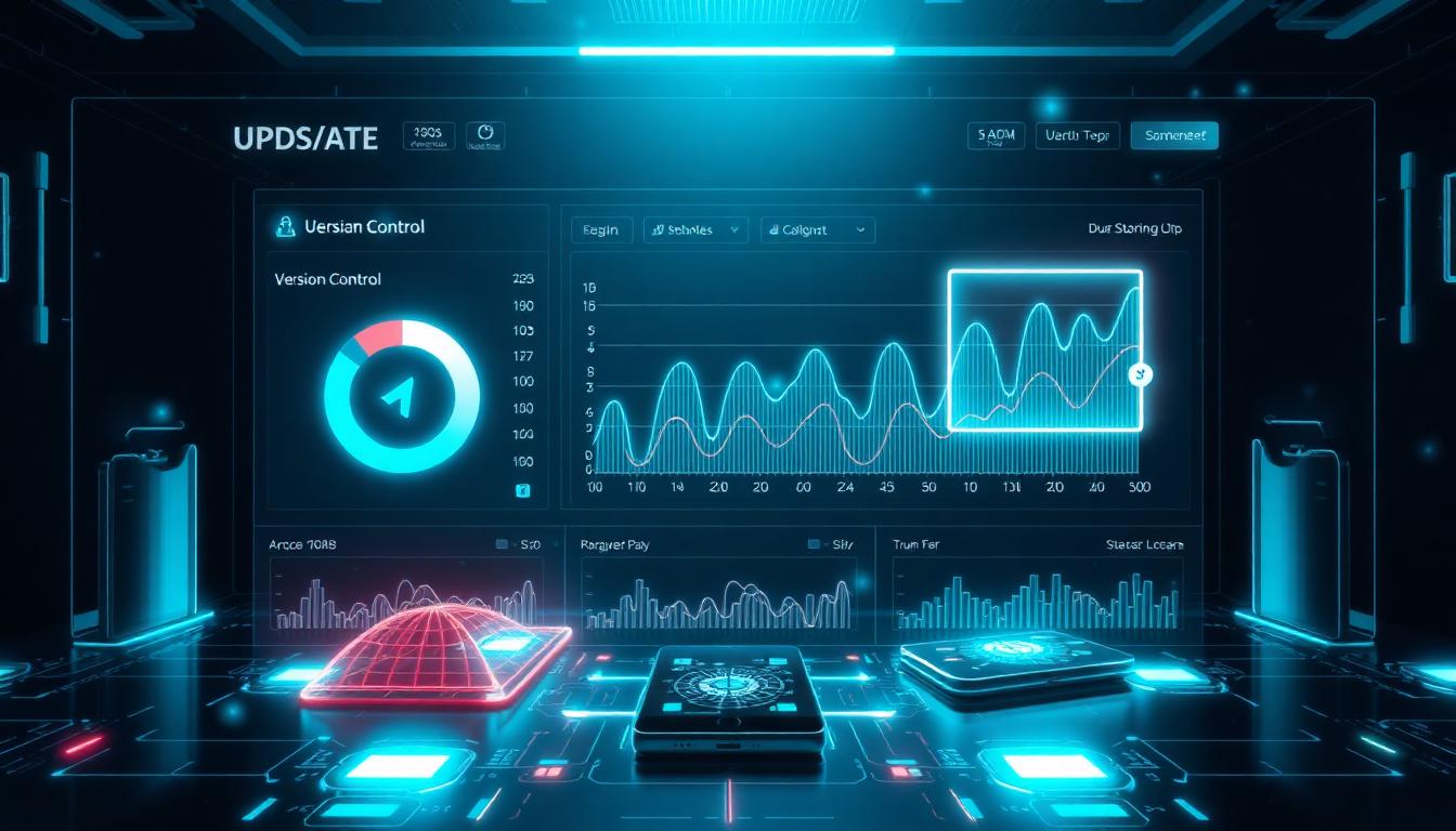 Futuristic mobile app maintenance dashboard with holographic update indicators