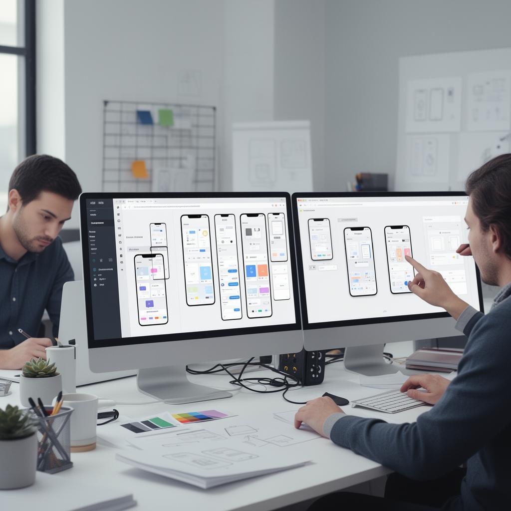 Editorial illustration of a UX design and app development studio with designers and engineers collaborating on mobile app interfaces