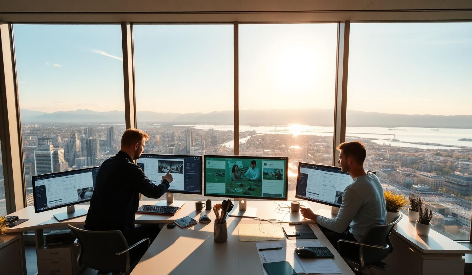 Zurich financial district with Lake Zurich and mobile app design workspace