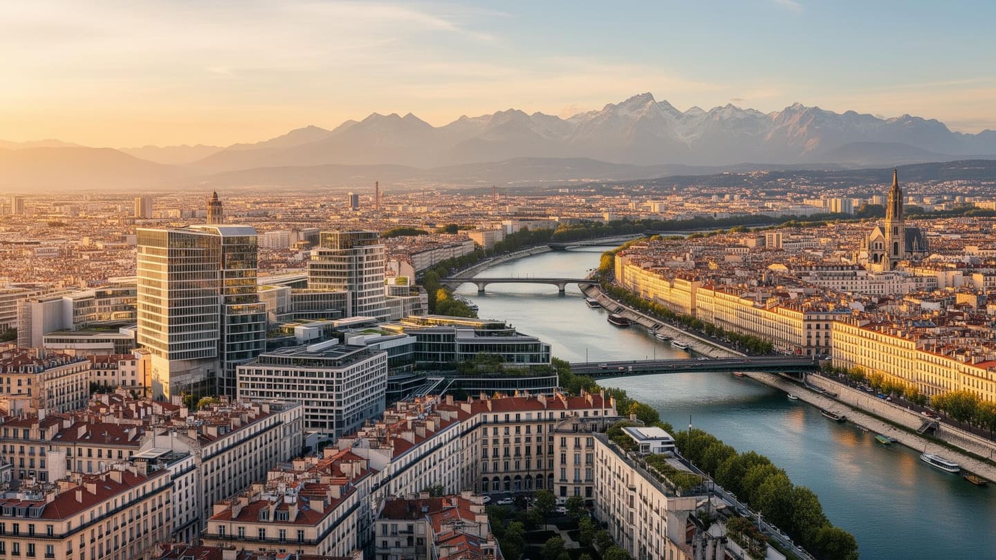Vue panoramique de Lyon avec le quartier tech Confluence et les Alpes en arrière-plan