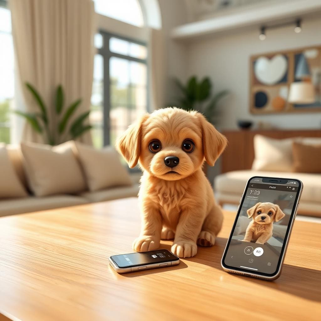 Augmented reality virtual pet puppy companion displayed on smartphone in Beverly Hills living room