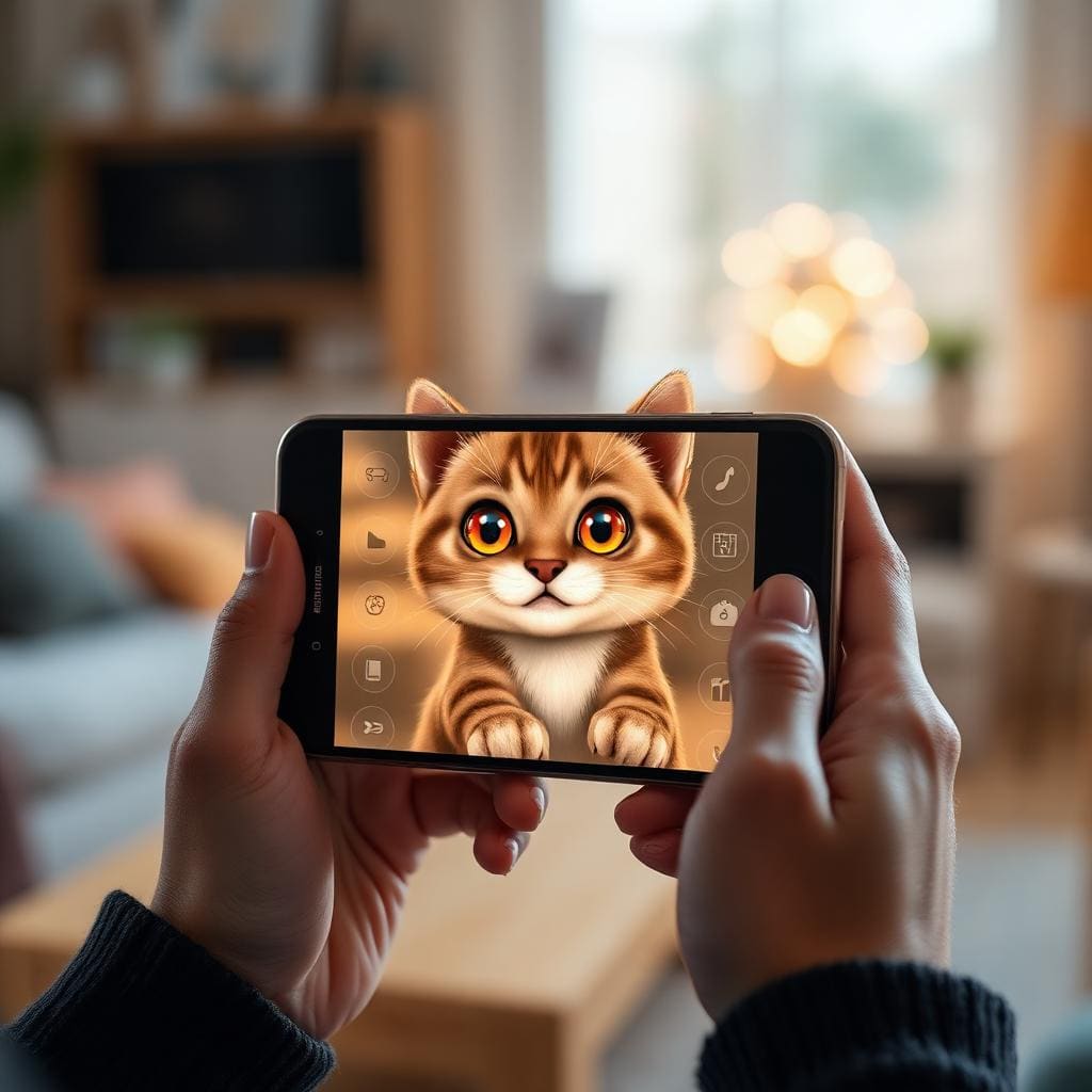 Conversational AI virtual pet cat interface on smartphone displaying real-time interaction