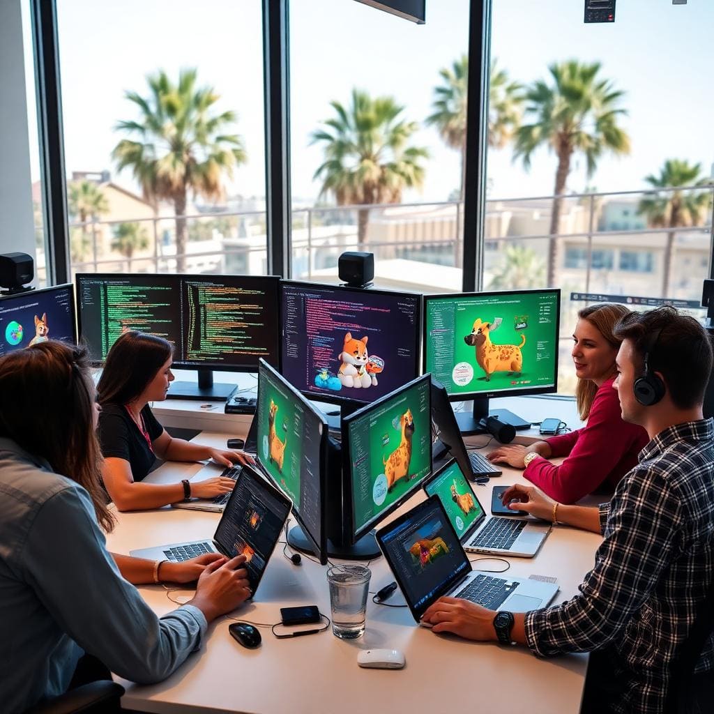 Beverly Hills mobile app development team working on virtual pet application with code and 3D character designs