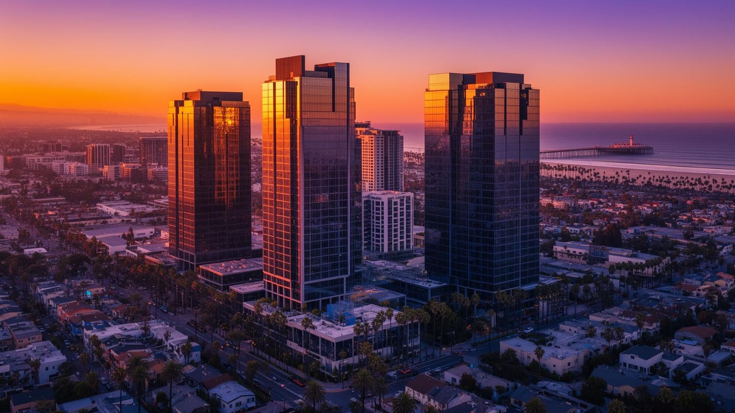 Los Angeles Silicon Beach tech district at sunset with modern glass office buildings reflecting golden light, palm trees, and Pacific Ocean in background