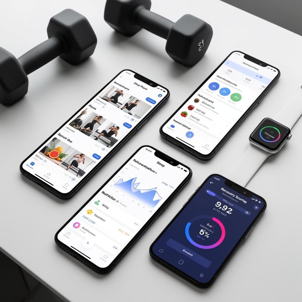 شاشات هواتف ذكية متعددة تعرض فئات مختلفة من تطبيقات اللياقة البدنية بما في ذلك خطط التمارين وتتبع التغذية وتحليلات النوم وواجهات تسجيل التعافي مع الأوزان والساعة الذكية القريبة