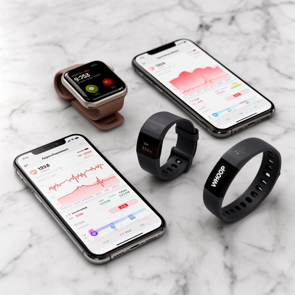 مجموعة من تكنولوجيا اللياقة البدنية القابلة للارتداء بما في ذلك Apple Watch و Fitbit وسوار WHOOP مرتبة على سطح رخامي مع هواتف ذكية تعرض بيانات صحية متزامنة ورسوم بيانية لمعدل ضربات القلب