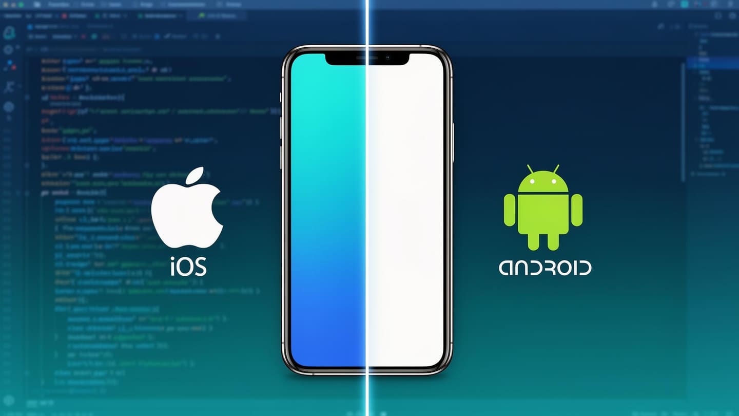 Cross-platform hybrid mobile app development concept showing smartphone deploying to iOS and Android platforms simultaneously with code editor in background