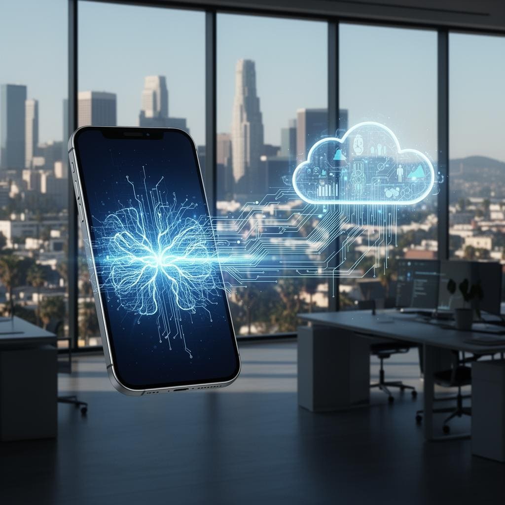 AI integration in mobile app development showing smartphone with neural network visualization and cloud computing connection in Los Angeles office