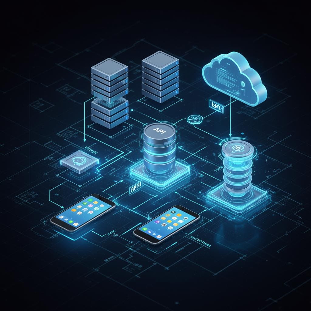 Modern hybrid app architecture diagram showing cloud servers, mobile devices, API connections, and database layers visualized as floating 3D holographic blueprint