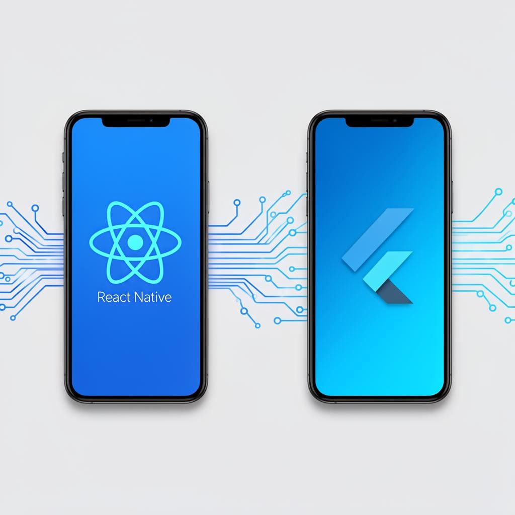 React Native and Flutter framework comparison showing two smartphones side by side with framework logos and connected by flowing data streams
