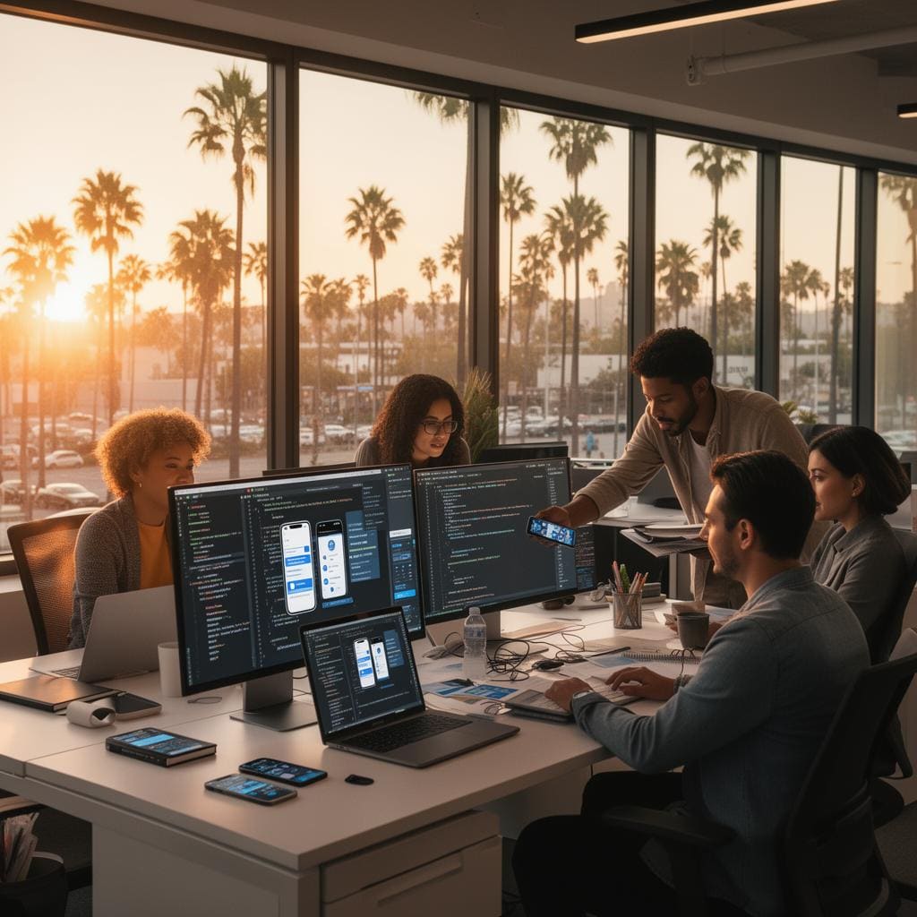 Diverse development team in modern Silicon Beach Los Angeles office collaborating on cross-platform mobile application with palm trees visible through windows