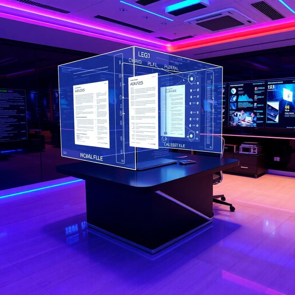AI-powered document review interface showing holographic legal document analysis with highlighted sections and connected data nodes in futuristic law office