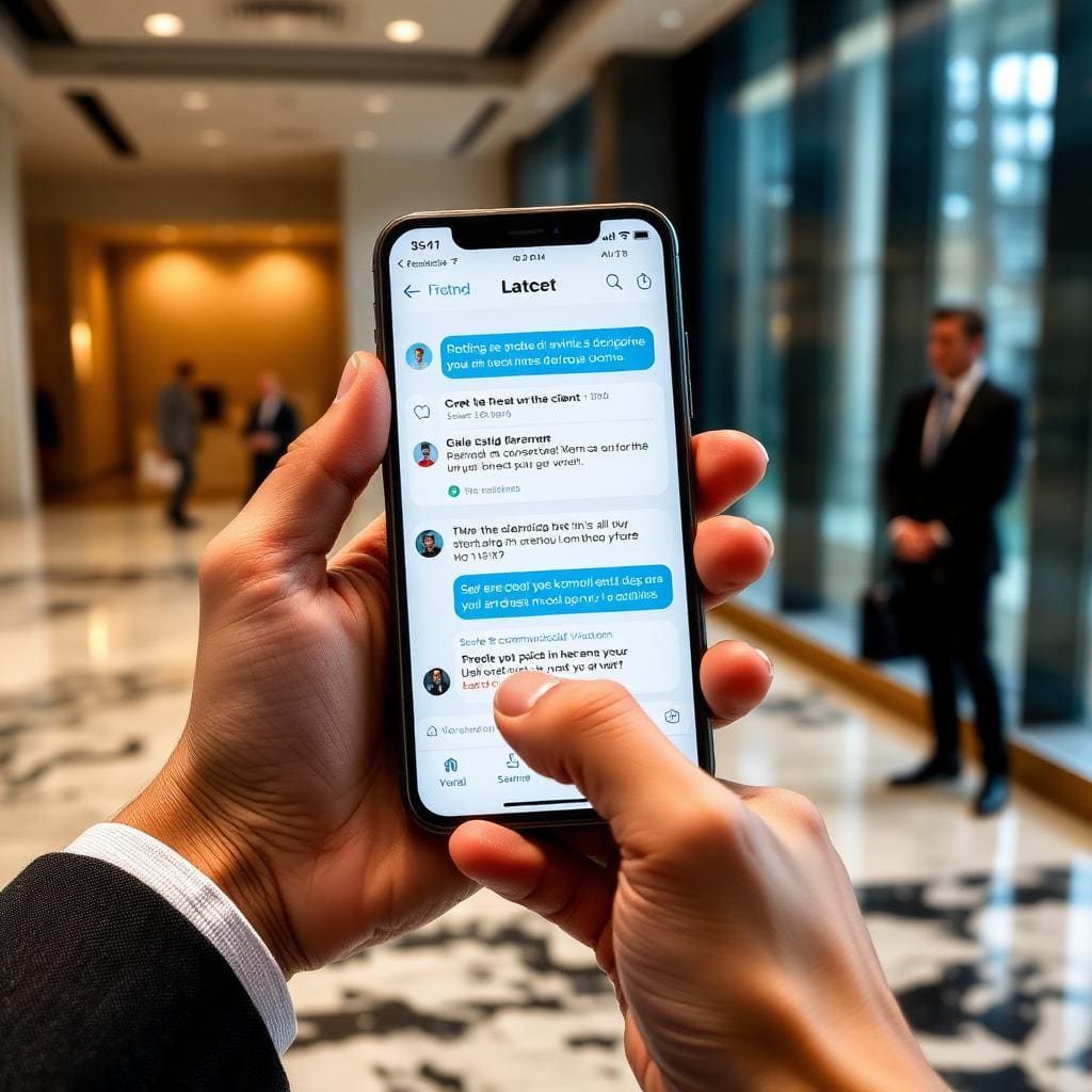 Secure client communication platform on smartphone showing encrypted messaging interface in modern law firm lobby