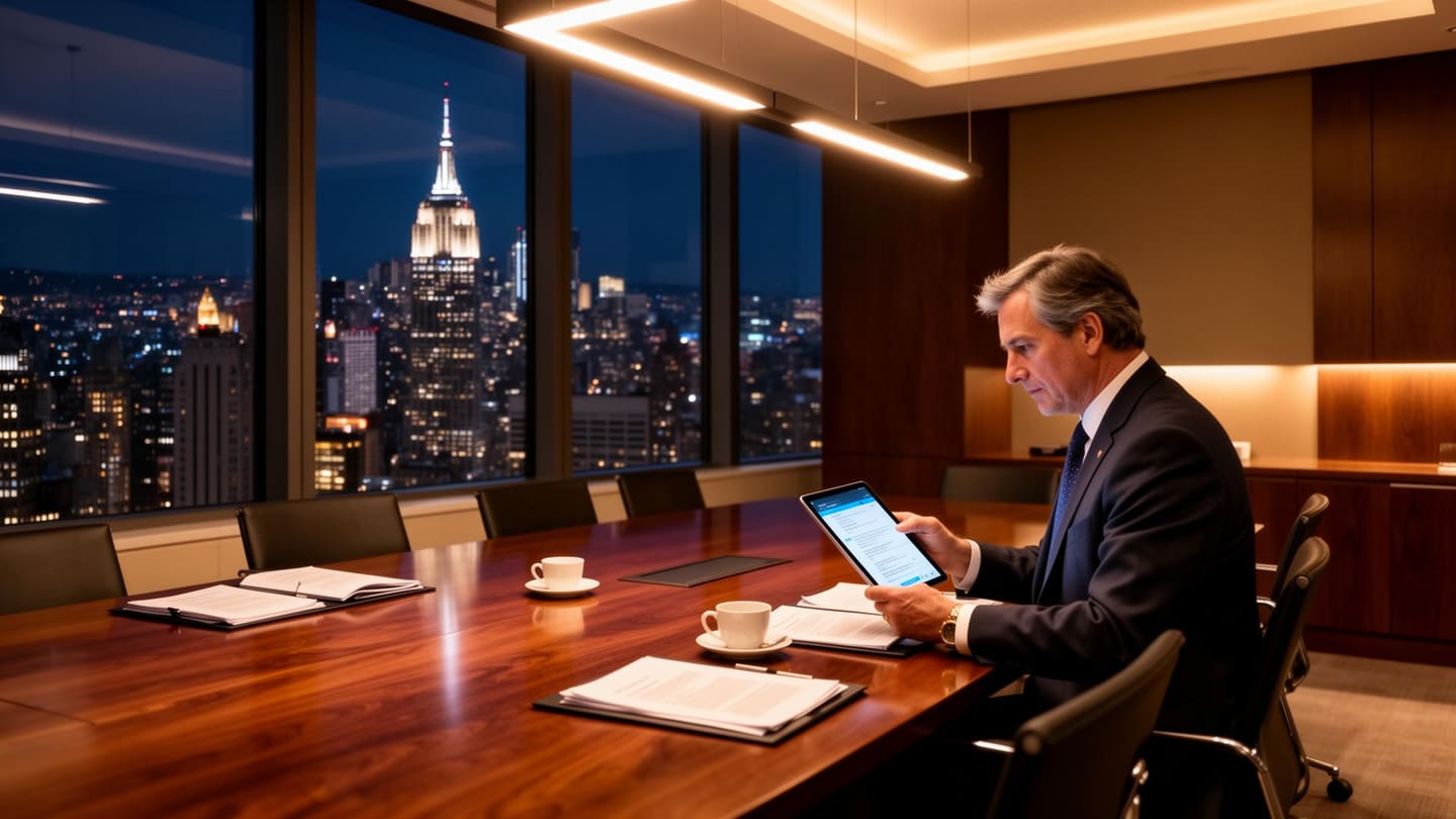 Manhattan law firm conference room with senior attorney reviewing case files on tablet with New York City skyline visible through floor-to-ceiling windows at night