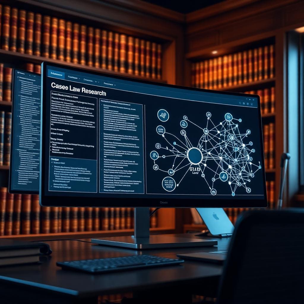 Legal research AI interface on large monitor showing case law citations and precedent analysis with connected nodes in law library setting