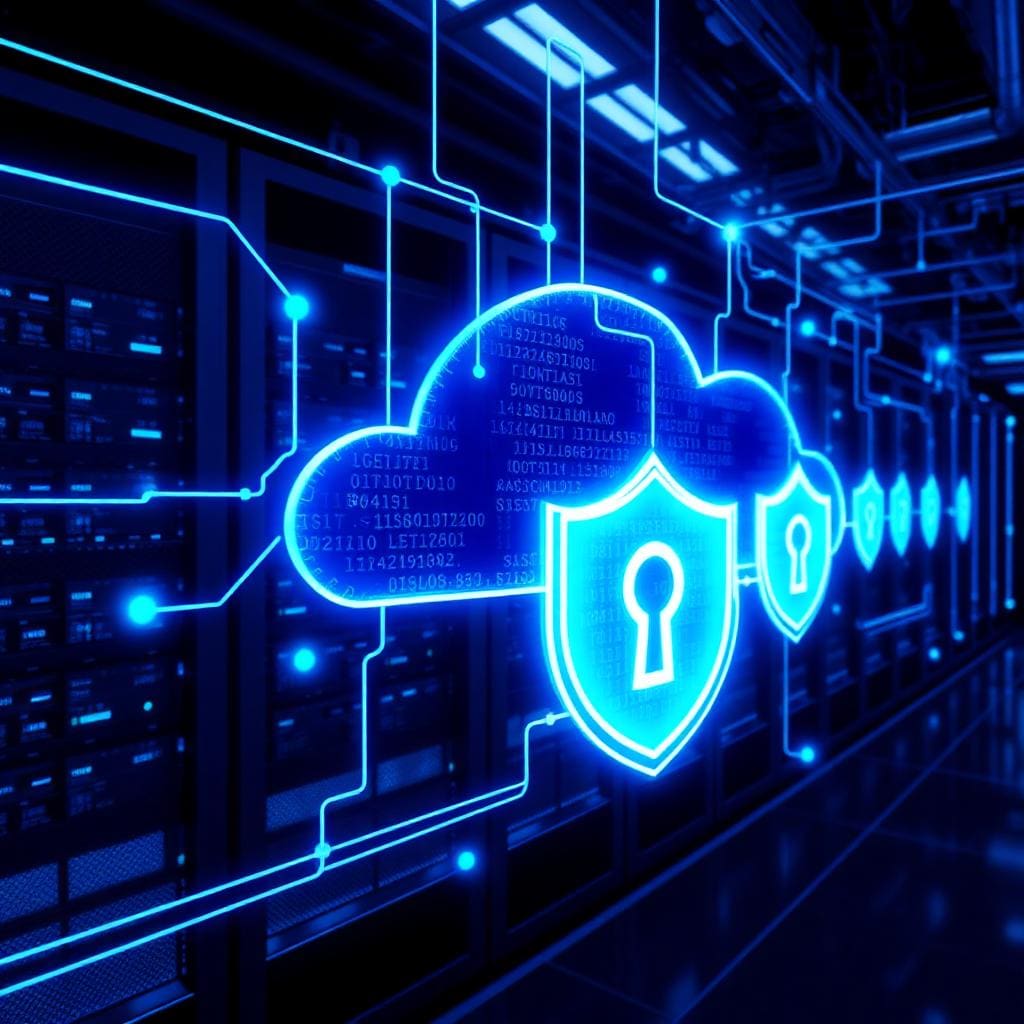 Secure cloud infrastructure visualization with encrypted data streams and cybersecurity shields in professional data center environment