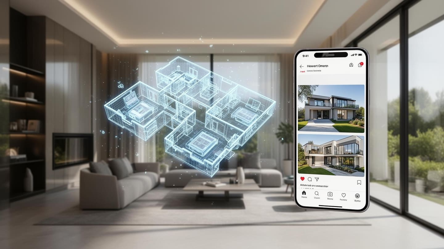 A home buyer browsing a map of property listings on a phone while standing outside a house for sale