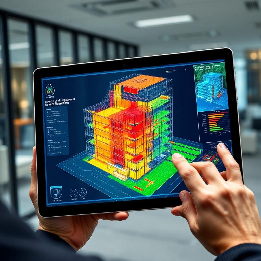 3D digital twin visualization of London commercial building on tablet showing real-time energy and occupancy data