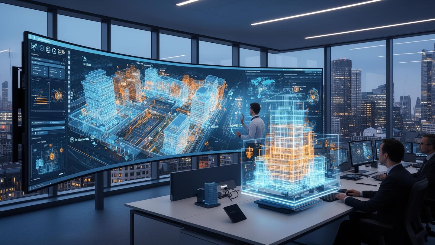 Smart building control room in London Canary Wharf with digital twin visualization and IoT monitoring displays