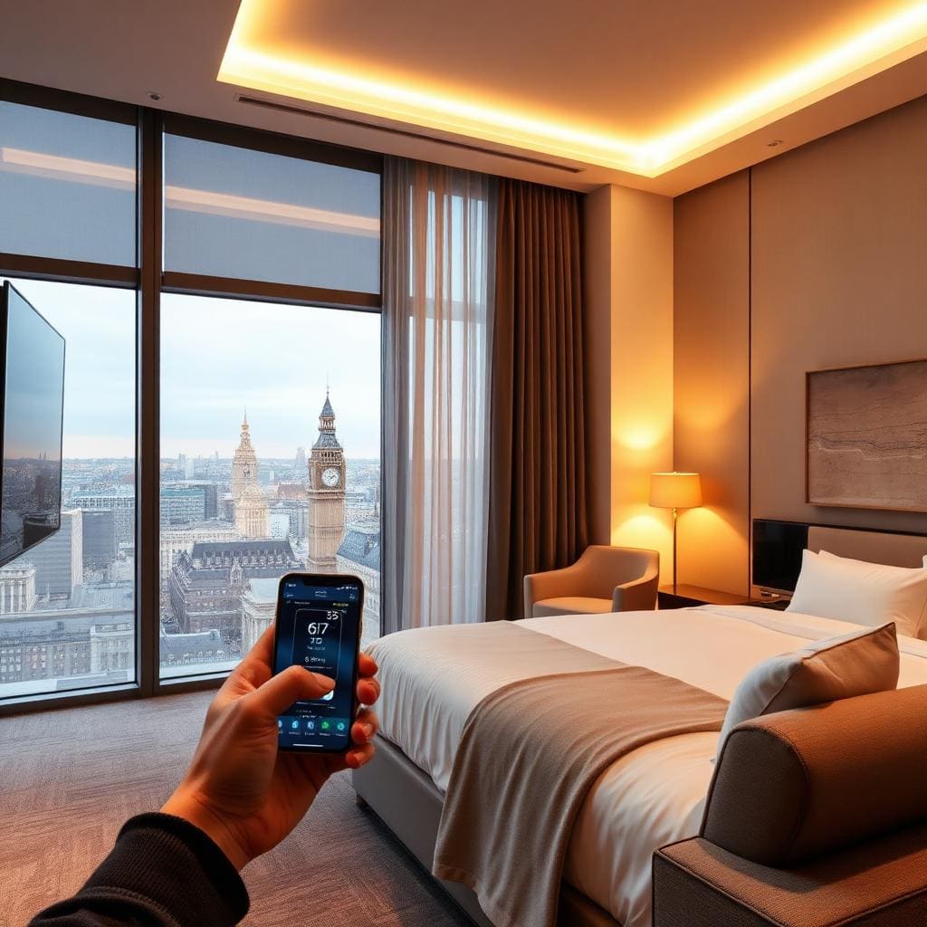 Luxury hotel room in London with smart building technology and guest smartphone controls