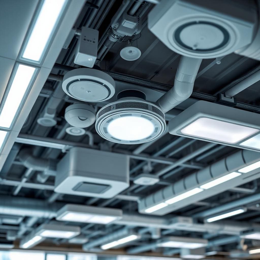 IoT sensors and smart building automation equipment in modern London office ceiling