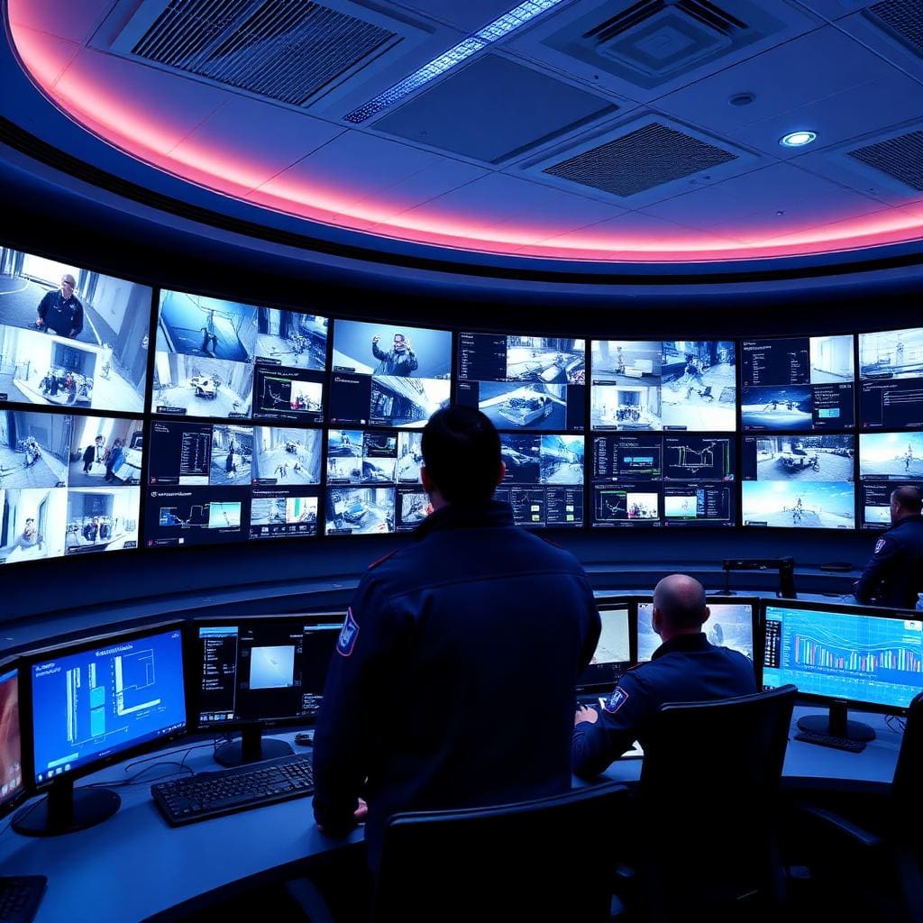 Modern building security operations center with multiple monitors showing surveillance and access control dashboards