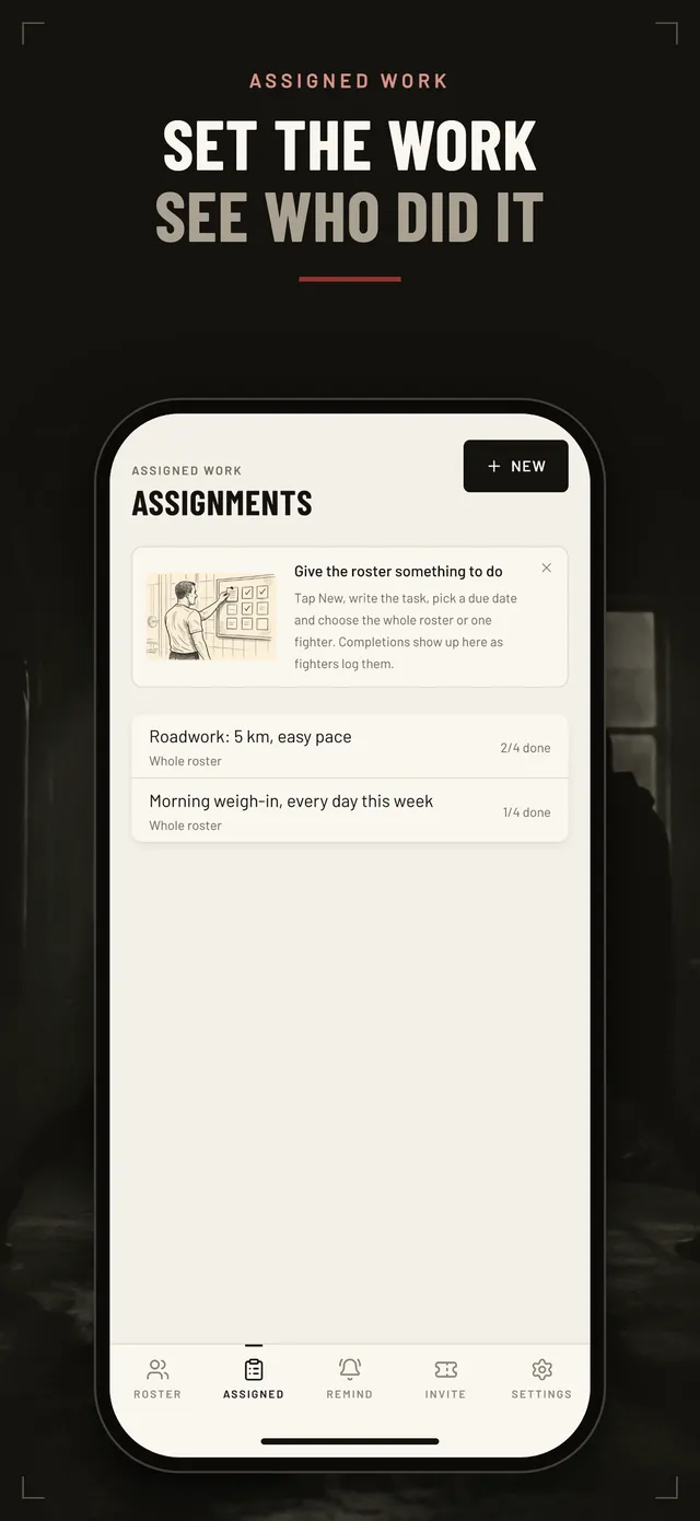 Assignments screen showing roadwork and weigh-in tasks with completion counts