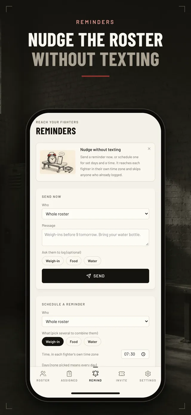 Reminders screen for sending and scheduling nudges to the roster