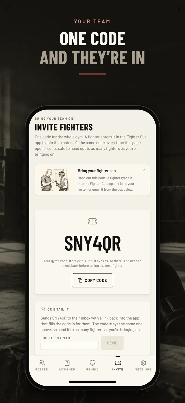 Invite screen showing a gym code fighters enter in the Fighter Cut app