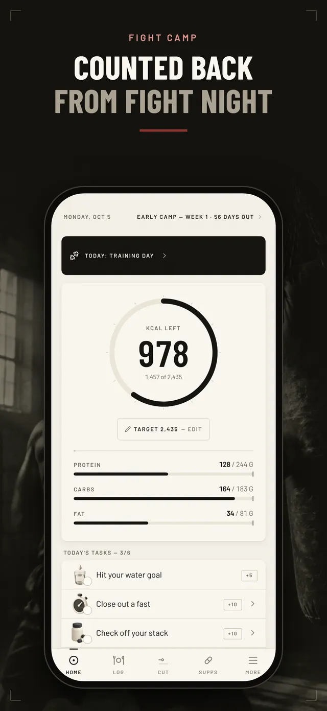 Home screen with calories left ring, macros and today's training tasks
