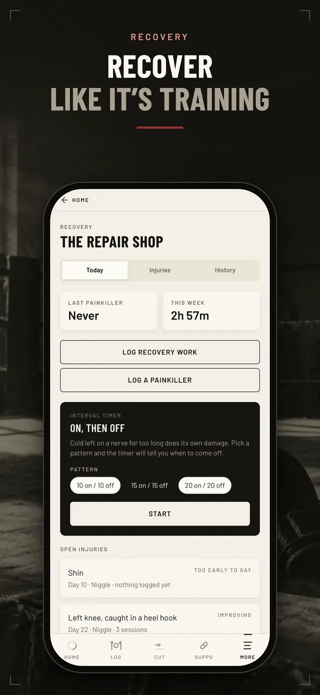 Recovery screen for logging painkillers, injuries and interval timers