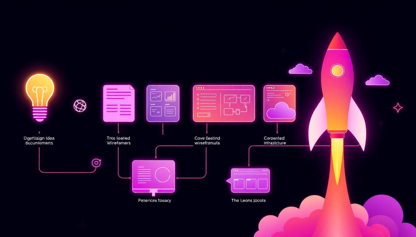 Editorial illustration of a continuous end-to-end product lifecycle from idea through strategy, design, engineering, to launch