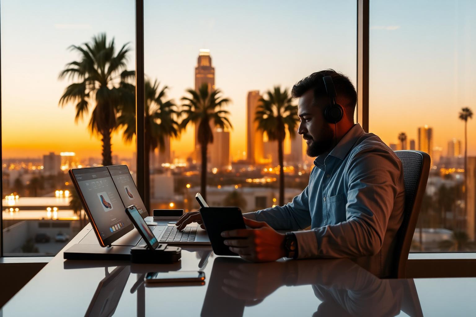 Mobile app developer working on iOS and Android projects with downtown Los Angeles skyline at sunset