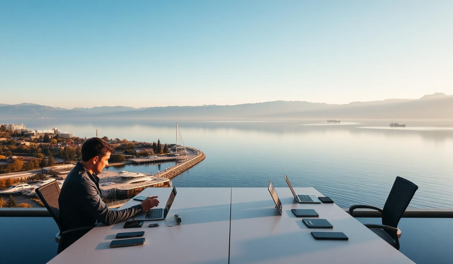 Lake Geneva tech offices with Swiss Alps and mobile app development workspace
