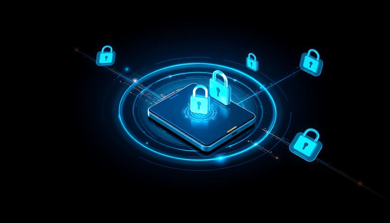 Abstract illustration of mobile app cybersecurity with shield layers and encrypted data streams